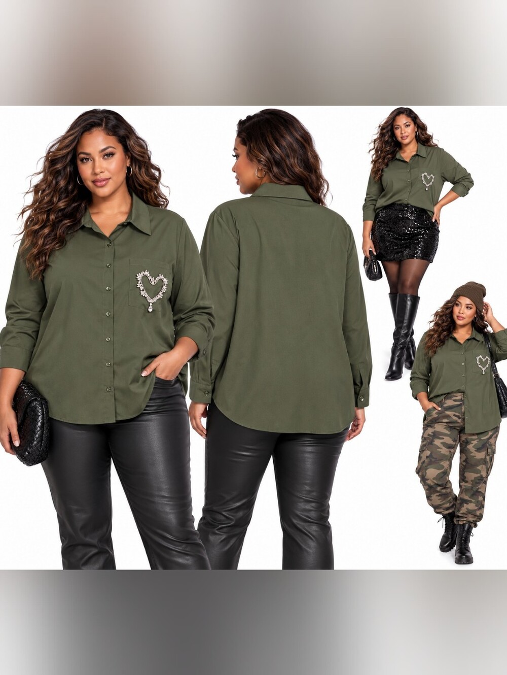 NWT Ashley Stewart Heart Embellished Olive Button Down Shirt Rare Plus Sz 18